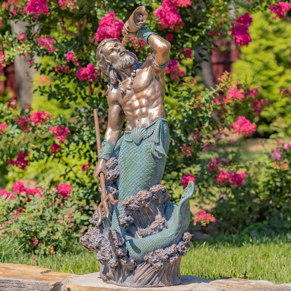 Merman Garden Sculpture Blowing in Conch Shell